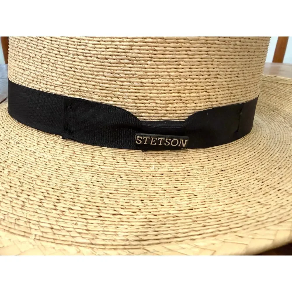 Stetson Rushmore Palm Fedora Hat Natural Straw Black Band Medium Made Mexico